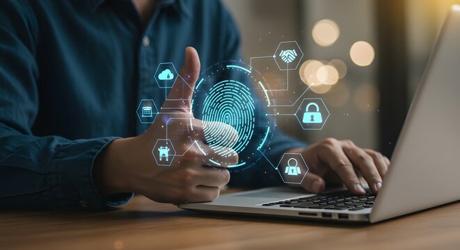 Biometric Authentication and Data Security Concept: Fingerprint Scanning on Laptop