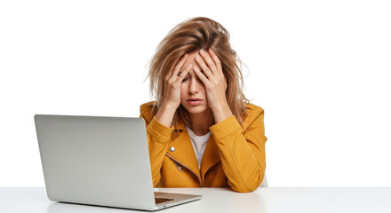 A young woman with blonde hair, dressed in a yellow jacket, expresses extreme frustration while working on her laptop, symbolizing work related stress and burnout.