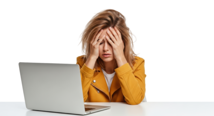 A young woman with blonde hair, dressed in a yellow jacket, expresses extreme frustration while working on her laptop, symbolizing work related stress and burnout.