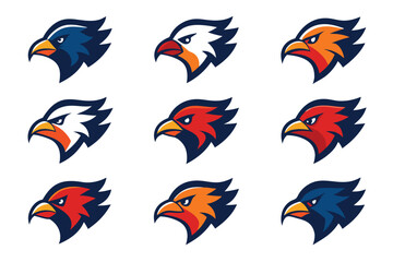 Vector art of a collection of fierce eagle head logos isolated on white background