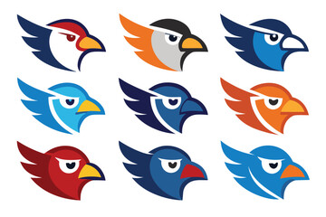 Vector art of a set of nine colorful eagle head logos with wings isolated on white background
