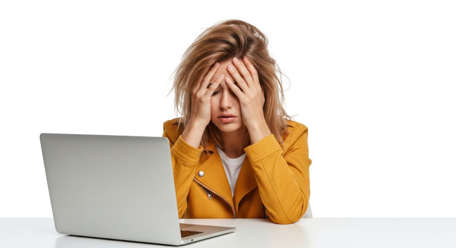 A young woman with blonde hair, dressed in a yellow jacket, expresses extreme frustration while working on her laptop, symbolizing work related stress and burnout.