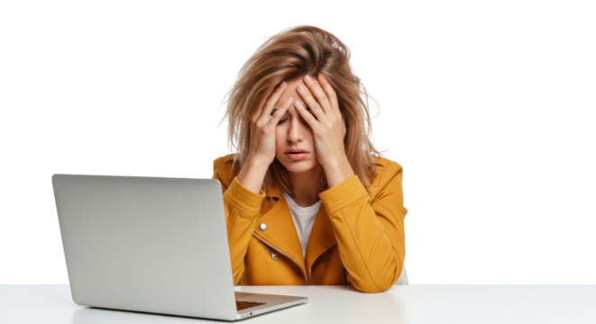 A young woman with blonde hair, dressed in a yellow jacket, expresses extreme frustration while working on her laptop, symbolizing work related stress and burnout. - Powered by Adobe