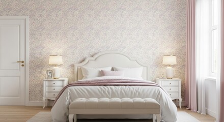 Elegant bedroom with soft pink accents and patterned wallpaper
