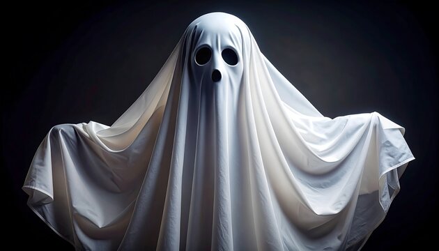 White ghost costume against dark background
