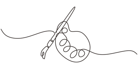 Paintbrush and palette in a continuous line drawing style.