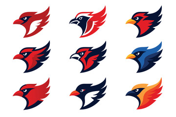 Vector art of a collection of colorful cardinal and blue jay head mascots isolated on white background
