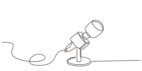 Broadcasting and recording theme, single line drawing of a podcast microphone on stand with cable.