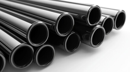 Fototapeta premium Black metal pipes and shiny plastic tubes arranged in abstract forms on white background, close up view of glossy steel profiles for construction industry concepts and design