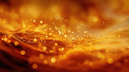 Abstract image of amber liquid splashing, creating dynamic waves and bokeh effect, showcasing rich, warm colors and textures