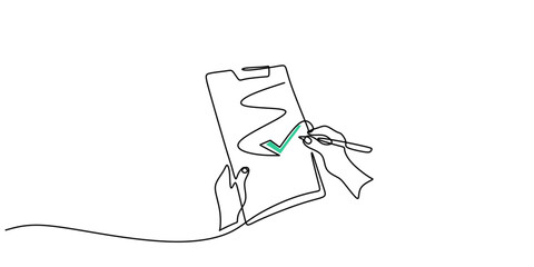 Minimalist one line drawing of a hand holding a clipboard with a checklist.