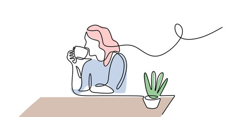 Woman drinking coffee continuous one line drawing, concept of calm, mindfulness, and everyday comfort.