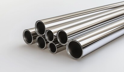 Fototapeta premium Ultra-detailed close-up of polished stainless steel pipes with high reflectivity and metallic texture, isolated on clean white background for industrial design or product showcase