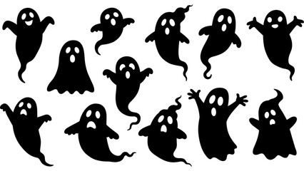 Halloween ghost black silhouette set.halloween cartoon ghost black symbol.