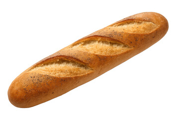 Freshly baked baguette with poppy seeds on transparent background
