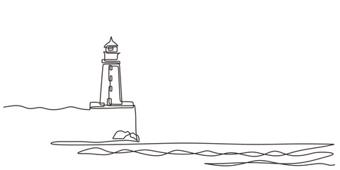 Minimalist one line drawing of a lighthouse by the sea, vector illustration, editable stroke.