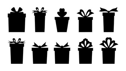  Gift boxes with ribbon icons Set. Gift box flat silhouette set.
