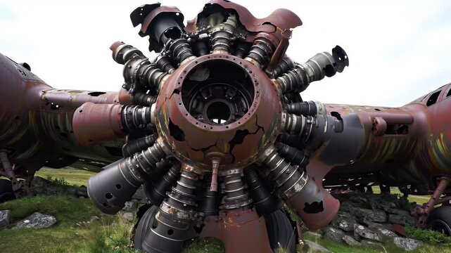 Rusty Radial Engine Close Up with Decayed Cylinders and Grassy Field Aviation