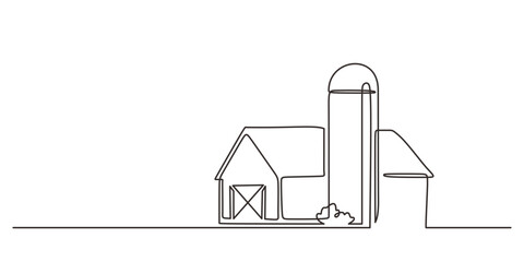 Continuous line drawing of a barn with silo. Minimalist vector illustration, design element. © berkahlineart