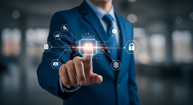 Businessman Interacting with AI Technology Interface - Artificial Intelligence Concept - Powered by Adobe