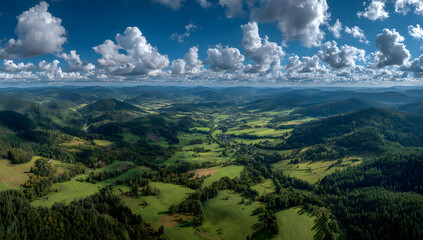 Fototapeta premium Aerial panorama of green grass fields, forests, and blue sky with white cumulus clouds on a sunny summer day