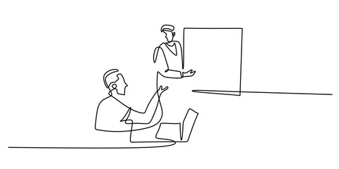 Two colleagues in a meeting continuous one line drawing, symbol of collaboration and business strategy.