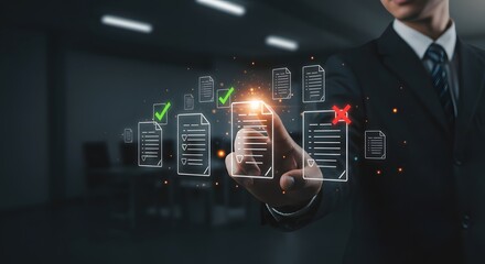 Businessman Interacting with Digital Document Verification Interface