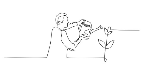 Person watering a plant continuous one line drawing, concept of care, growth, and conservation.