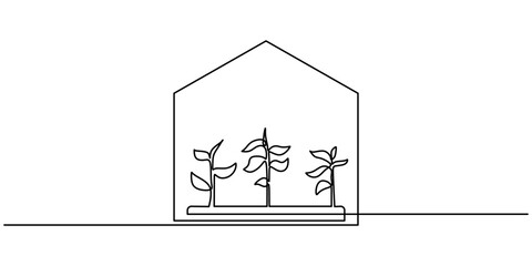 Continuous one line drawing of plants in a greenhouse, concept of growth and sustainability.