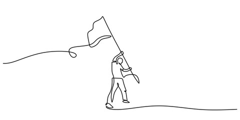 One line drawing of a person standing and holding a flag. Concept of leadership and national pride.