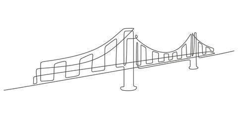 Suspension bridge one line drawing, concept of connection, progress, and engineering infrastructure.