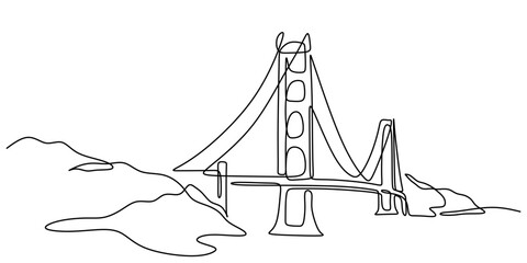 Golden Gate Bridge one line drawing, San Francisco landmark for USA travel concepts.