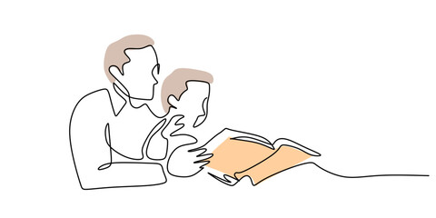 Parent reading a book to their child, one continuous line drawing, concept of family bonding.