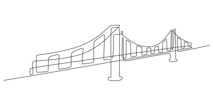 Suspension bridge one line drawing, concept of connection, progress, and engineering infrastructure.
