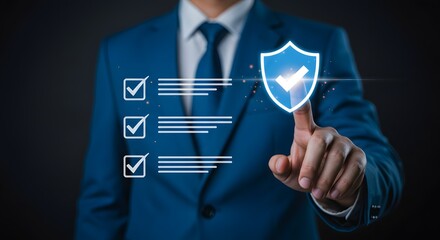 Businessman touching digital shield, concept of data protection and cyber security