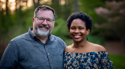 A smiling interracial couple enjoying golden hour in a soft, blurred park setting.