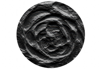 A closeup abstract view of a rough, textured black surface with a swirling pattern isolated on transparent background