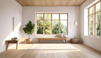 Obraz premium Serene minimalist interior with nature view through expansive windows evoking tranquility