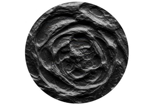 A closeup abstract view of a rough, textured black surface with a swirling pattern isolated on transparent background