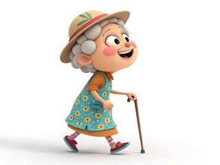 Cheerful 3D elderly woman cartoon character walking with a cane, smiling brightly, isolated on white background.