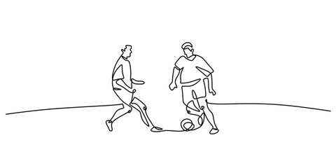Two soccer players continuous one line drawing. Symbol of global sport, competition, and teamwork.