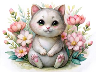 Smiling watercolor cat with floral crown, cute and vibrant, isolated on white.