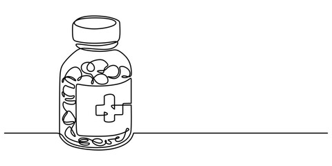 Pill bottle one line drawing. Minimalist vector object for medicine, pharmacy, and healthcare concepts.