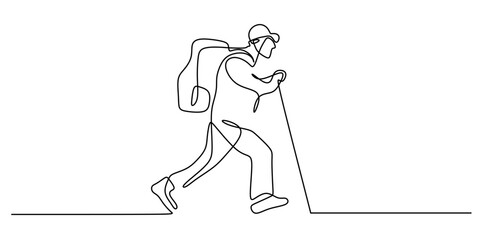 Obraz premium Hiker with backpack and trekking poles, continuous one line drawing, minimalist vector travel symbol.