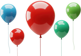 A collection of vibrant red, blue, and green balloons float gracefully, isolated on a transparent background