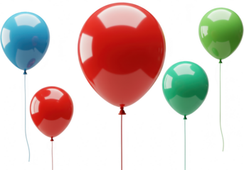 A collection of vibrant red, blue, and green balloons float gracefully, isolated on a transparent background