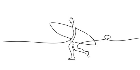 Fototapeta premium Surfer walking with a surfboard, one continuous line drawing. Vector illustration minimalist hand drawn.