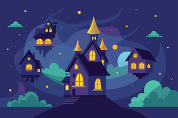 Haunted Houses with Purple Sky