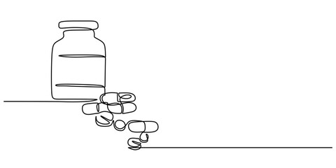 Medicine bottle and pills continuous one line drawing. Minimalist vector for a pharmacy or wellness.