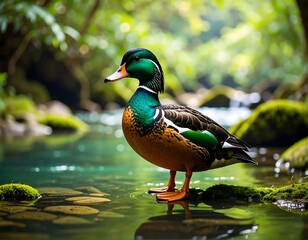 Colorful duck in a tranquil stream